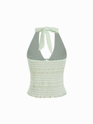 Textured Halter Neck Tie Front Shirred Lettuce Trim Cami Blouse