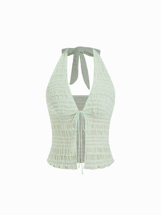 Textured Halter Neck Tie Front Shirred Lettuce Trim Cami Blouse