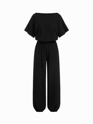 Cotton-blend Boat Neck Short Sleeve Mid Rise Jogger Jumpsuit