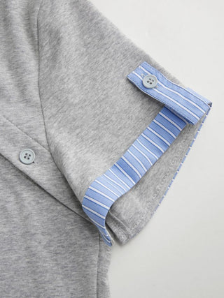 Cotton Striped Asymmetrical Polo Neck Short Sleeve Top
