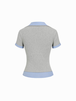 Cotton Striped Asymmetrical Polo Neck Short Sleeve Top