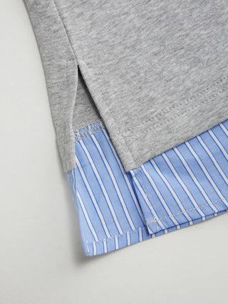 Cotton Striped Asymmetrical Polo Neck Short Sleeve Top