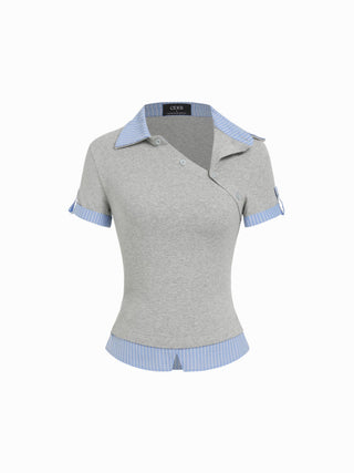 Cotton Striped Asymmetrical Polo Neck Short Sleeve Top