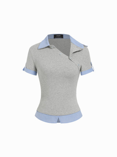 Cotton Striped Asymmetrical Polo Neck Short Sleeve Top