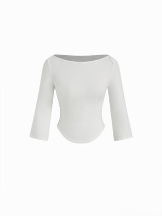 Knit Fabric Boat Neck Curved-Hem 3/4 Long Sleeve Tee