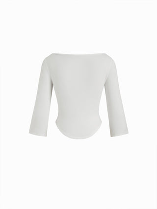 Knit Fabric Boat Neck Curved-Hem 3/4 Long Sleeve Tee
