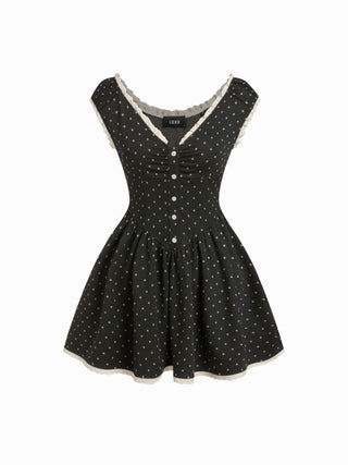 Jacquard Polka Dot V-neck Ruched Lace Trim Flared Mini Dress