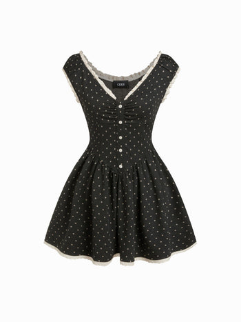 Jacquard Polka Dot V-neck Ruched Lace Trim Flared Mini Dress