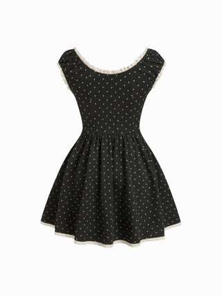Jacquard Polka Dot V-neck Ruched Lace Trim Flared Mini Dress