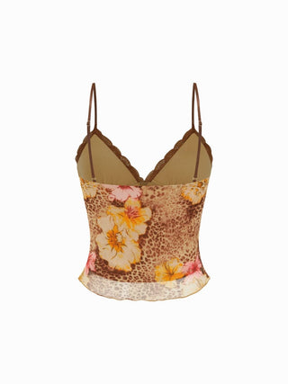 Mesh Leopard & Floral Graphic Lace Trim Cami Top