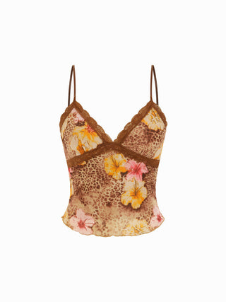 Mesh Leopard & Floral Graphic Lace Trim Cami Top