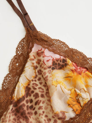 Mesh Leopard & Floral Graphic Lace Trim Cami Top