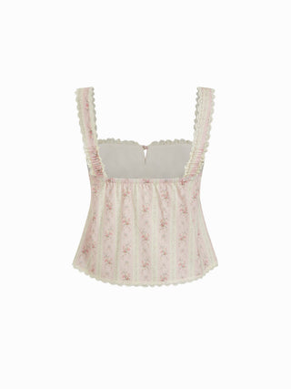 Cotton Floral Stripe Square Neck Lace Trim Ruched Tie Front Tank Blouse