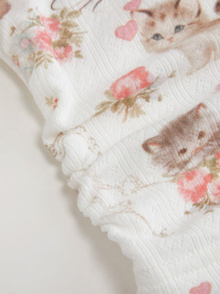 Cat & Floral Graphic Square Neck Lace Trim Bowknot Tank Top