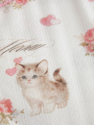 Cat & Floral Graphic Square Neck Lace Trim Bowknot Tank Top