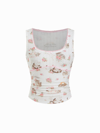 Cat & Floral Graphic Square Neck Lace Trim Bowknot Tank Top