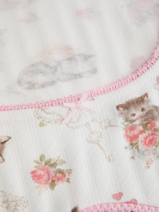 Cat & Floral Graphic Square Neck Lace Trim Bowknot Tank Top