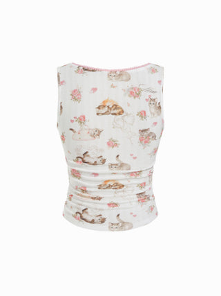 Cat & Floral Graphic Square Neck Lace Trim Bowknot Tank Top