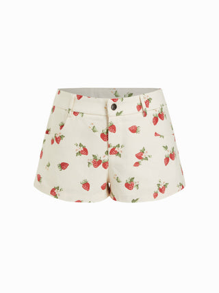 100% Cotton Mid Rise Strawberry Graphic Micro Shorts