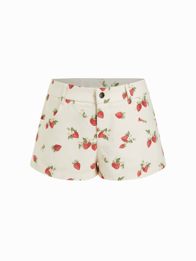 100% Cotton Mid Rise Strawberry Graphic Micro Shorts