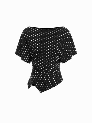 Polka Dot Boat Neck Batwing Sleeve Ruched Asymmetrical Tee