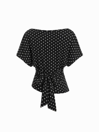 Polka Dot Boat Neck Batwing Sleeve Ruched Asymmetrical Tee