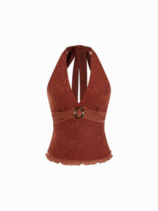 Floral Jacquard Lace Halter Neckline Ring Detail Tank Top