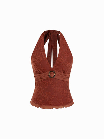 Floral Jacquard Lace Halter Neckline Ring Detail Tank Top