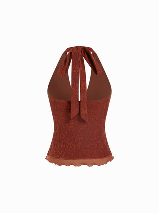 Floral Jacquard Lace Halter Neckline Ring Detail Tank Top