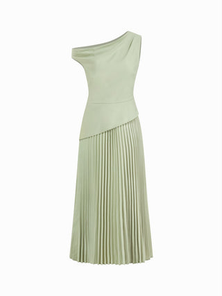Asymmetrical Neck Pleated Flared Maxi Dress