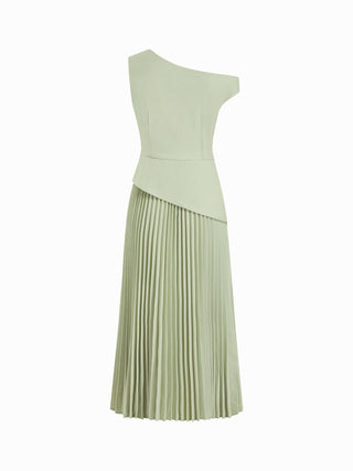 Asymmetrical Neck Pleated Flared Maxi Dress