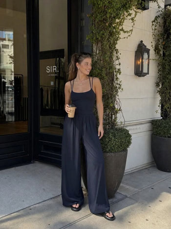 Cotton-blend Mid Rise Scoop Neck Twist Knotted Ruched Wide Leg Jumpsuit
