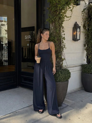 Cotton-blend Mid Rise Scoop Neck Twist Knotted Ruched Wide Leg Jumpsuit