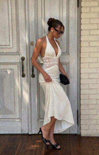 Satin Polka Dot V-neck Lace Panel Mermaid Maxi Dress