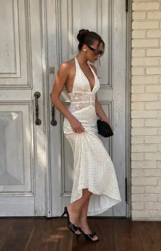 Satin Polka Dot V-neck Lace Panel Mermaid Maxi Dress