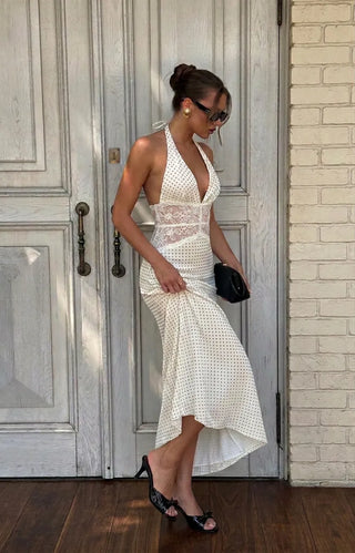 Satin Polka Dot V-neck Lace Panel Mermaid Maxi Dress