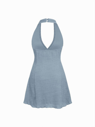 Textured Halter Neck Lace Trim A-line Mini Dress