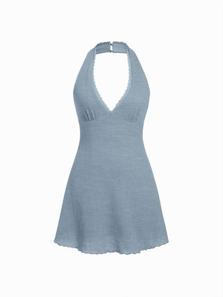 Textured Halter Neck Lace Trim A-line Mini Dress