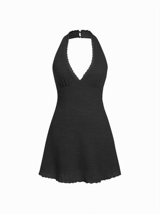 Textured Halter Neck Lace Trim A-line Mini Dress