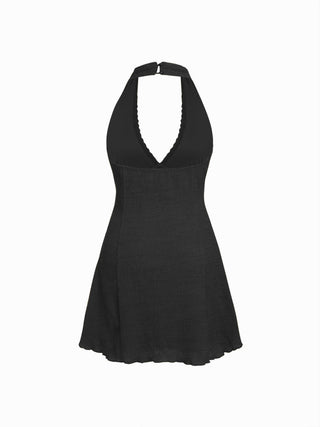 Textured Halter Neck Lace Trim A-line Mini Dress