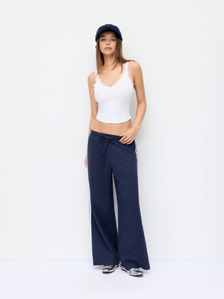 Low Rise Floral Trim Side Stripe Wide Leg Sweatpants