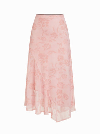 Mesh Mid Rise Abstract Graphic Floral Asymmetrical Hem Maxi Skirt
