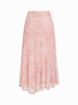 Mesh Mid Rise Abstract Graphic Floral Asymmetrical Hem Maxi Skirt