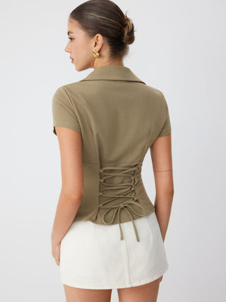 Notched Collar Lace Up Corset Blouse