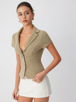 Notched Collar Lace Up Corset Blouse
