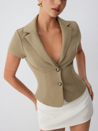 Notched Collar Lace Up Corset Blouse