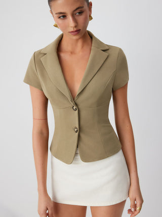 Notched Collar Lace Up Corset Blouse