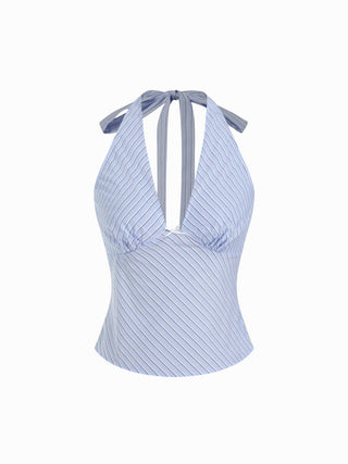 Cotton Striped Halter Neck Ruched Bowknot Cami Blouse