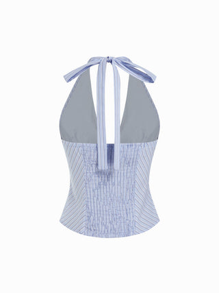 Cotton Striped Halter Neck Ruched Bowknot Cami Blouse