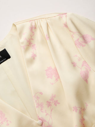 Satin V-neck Floral Lace Up Bell Sleeve Maxi Dress